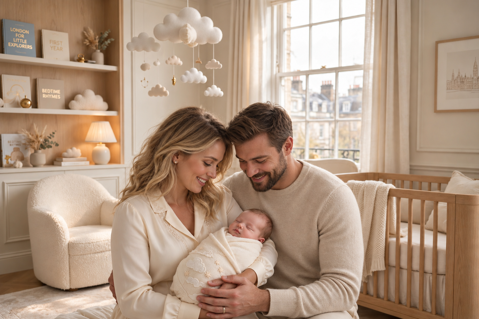 Cozy nursery family moment parents with baby