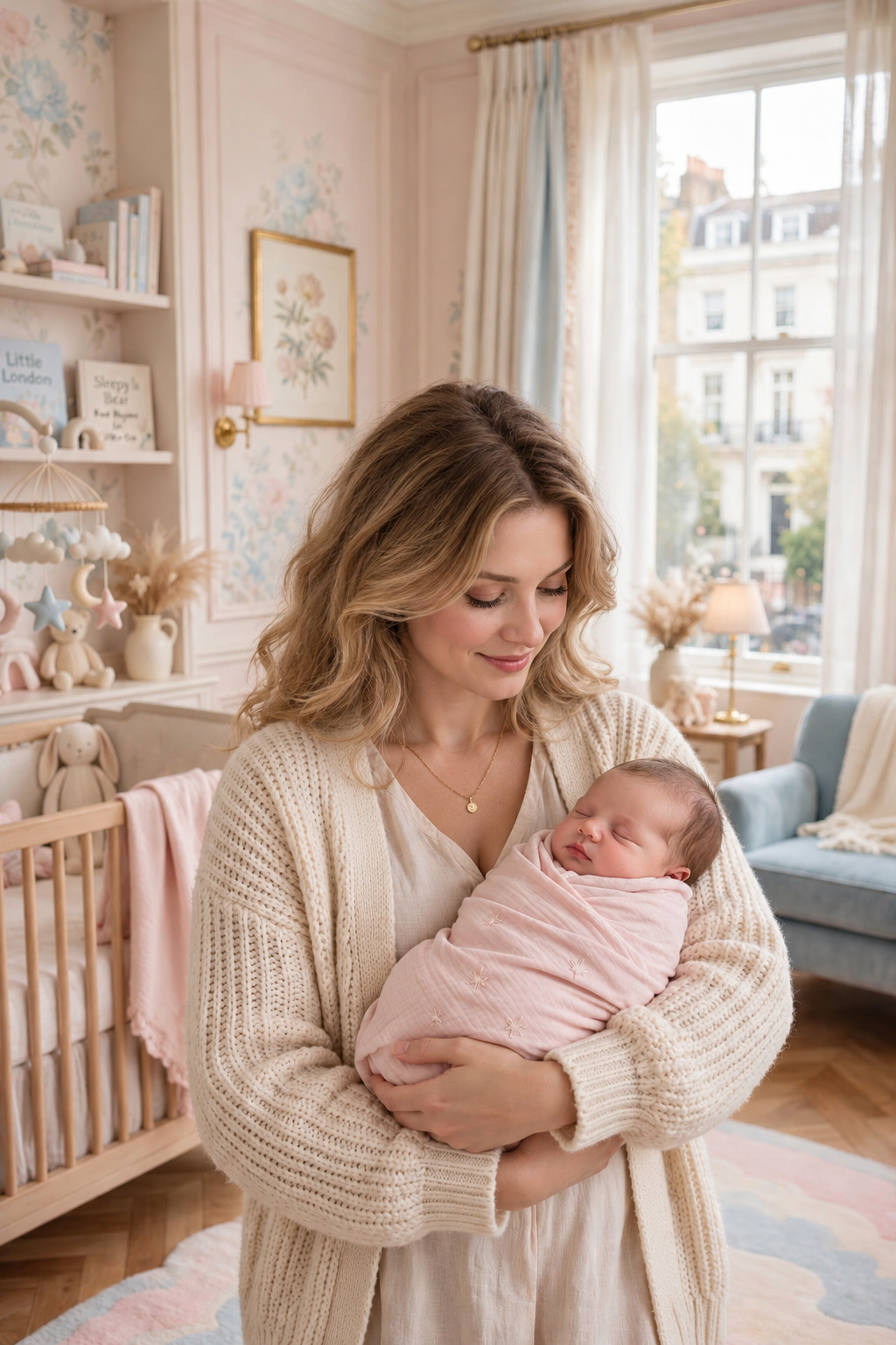 Mother holding newborn baby pink wrap